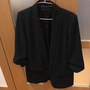 ZARA Black Classic Blazer with Ruched 3/4 Length Sleeves, Shoulder Pads